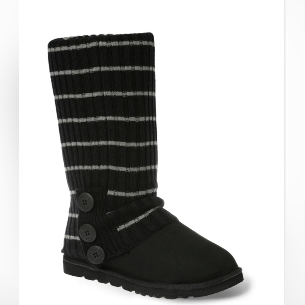 UGG Black & Gray Striped Knit Button Socks